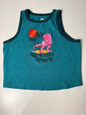 Kids Teal Tank Top with Neon Pink Dino Graphic - Jurassic Park